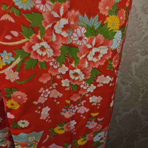 Vintage Japanese Open Kimono Size 40 (Fits S/M) Orange w/Floral Pattern - Picture 4 of 12